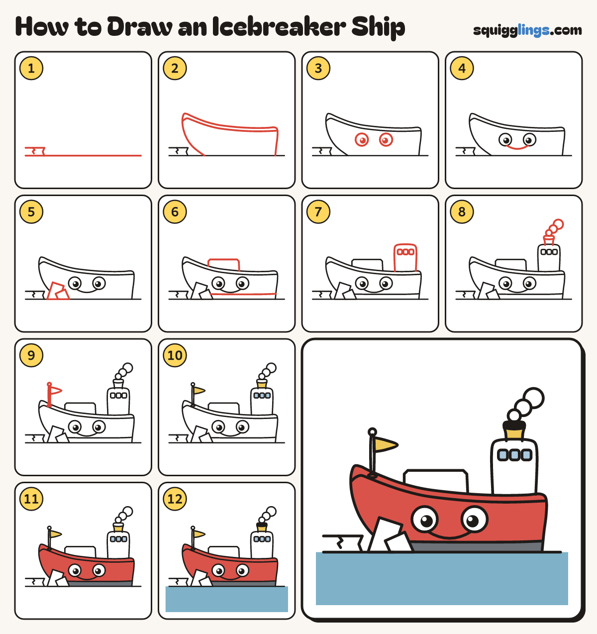 How to Draw an Icebreaker Ship step by step: all 12 steps in one picture