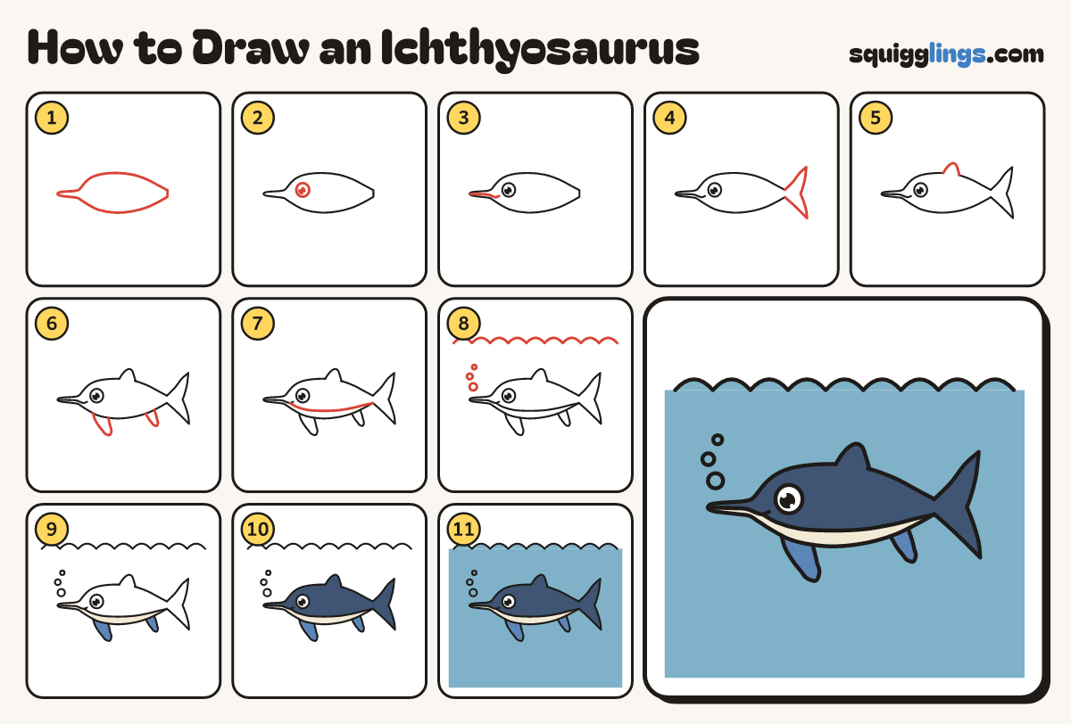 How to Draw an Ichthyosaurus step by step: all 11 steps in one picture