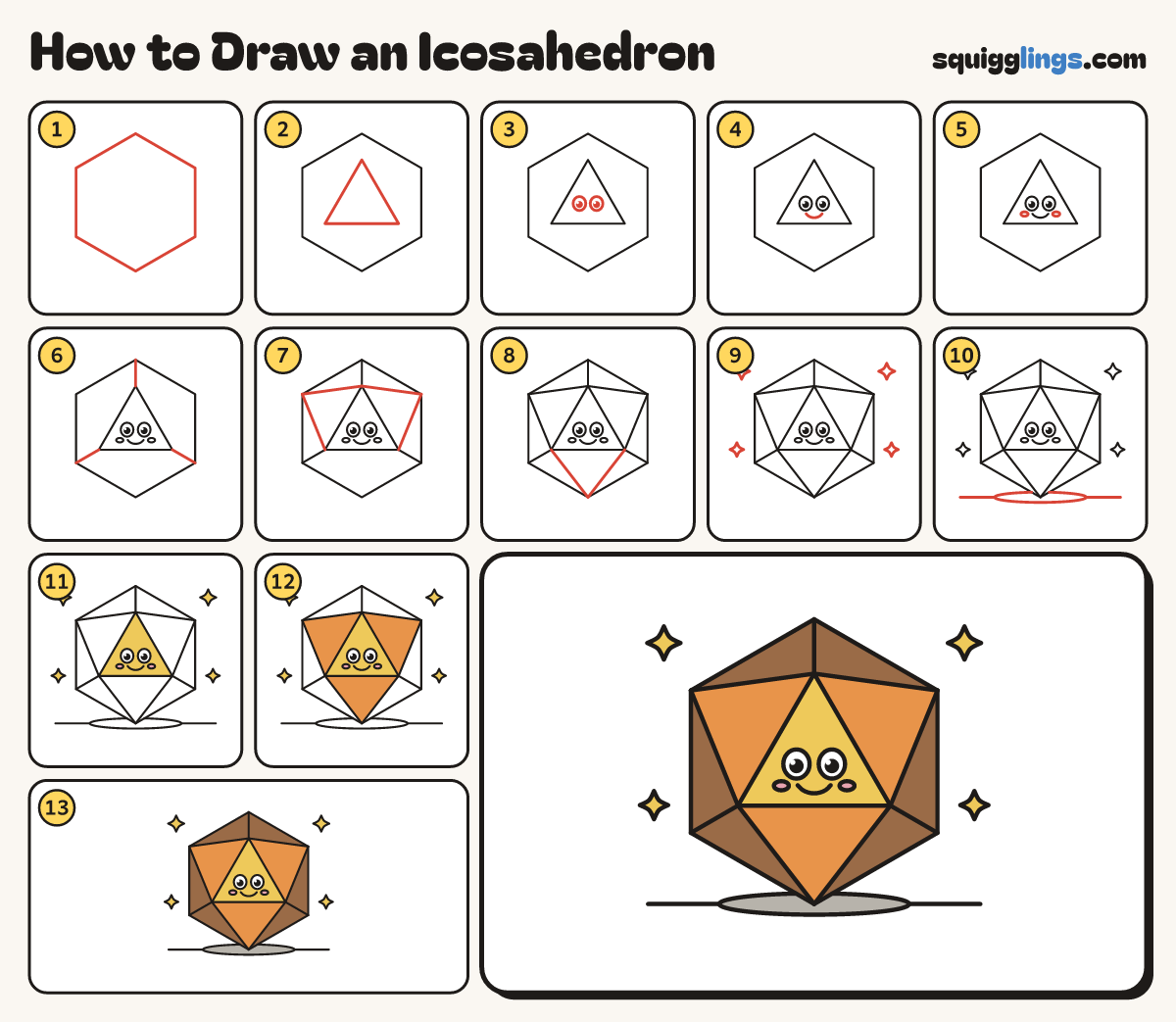 How to Draw an Icosahedron step by step: all 13 steps in one picture