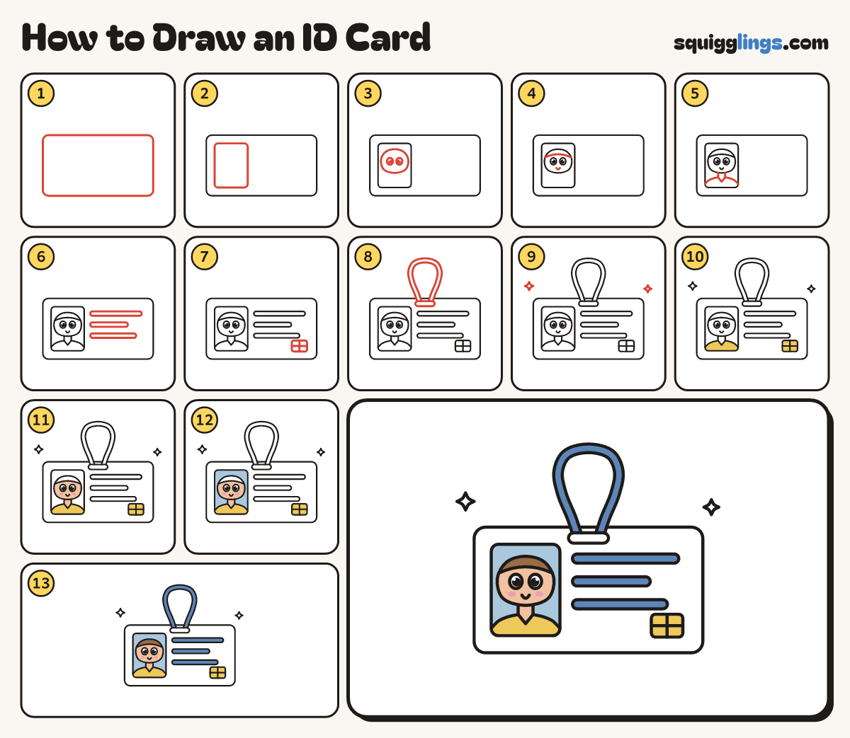 How to Draw an ID Card step by step: all 13 steps in one picture