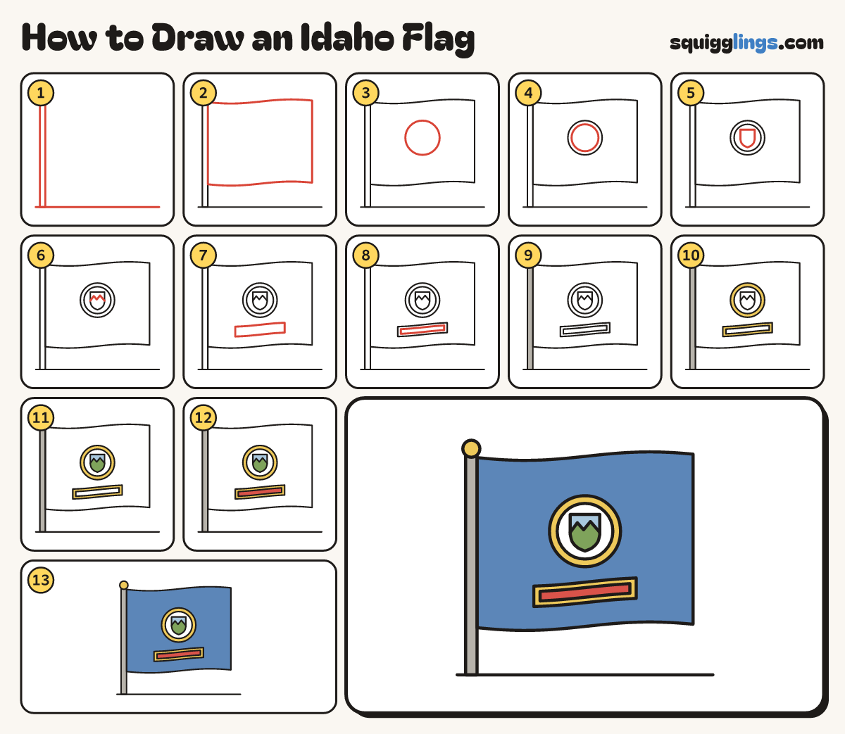 How to Draw an Idaho Flag step by step: all 13 steps in one picture