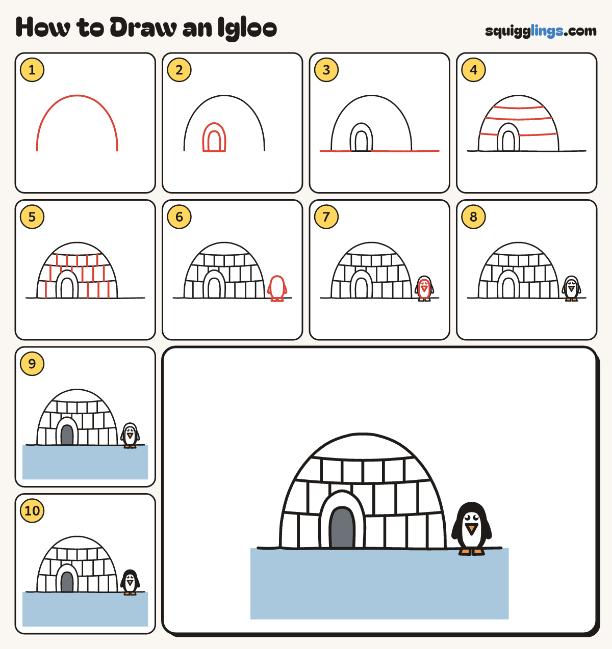 How to Draw an Igloo step by step: all 10 steps in one picture