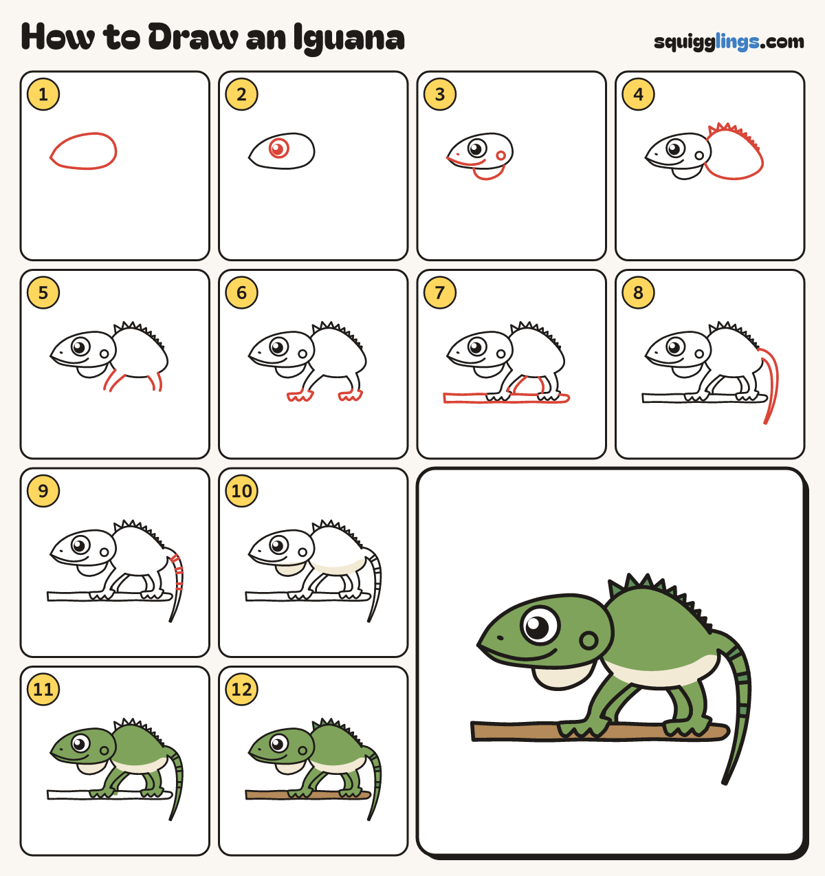 How to Draw an Iguana step by step: all 12 steps in one picture