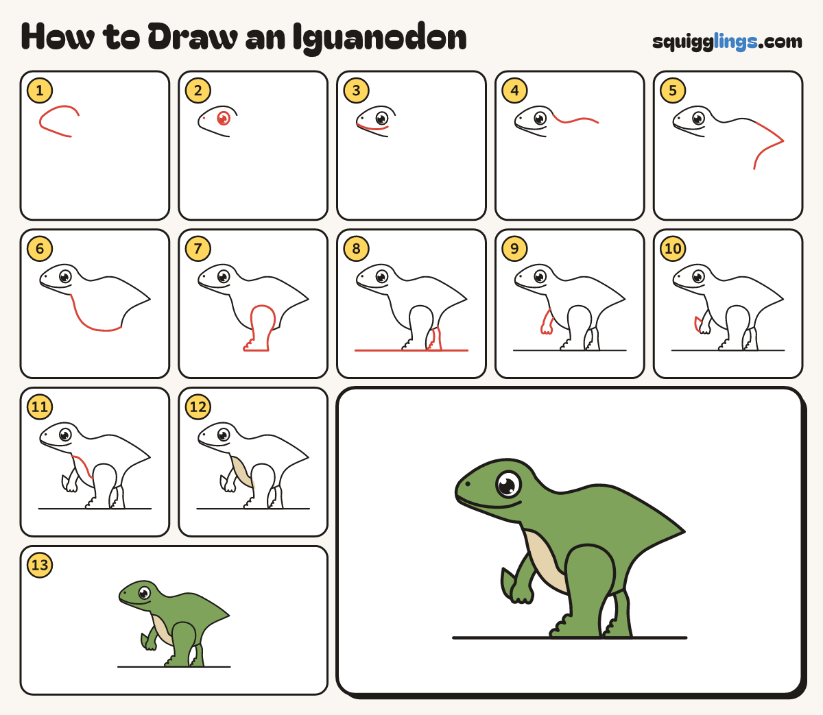 How to Draw an Iguanodon step by step: all 13 steps in one picture