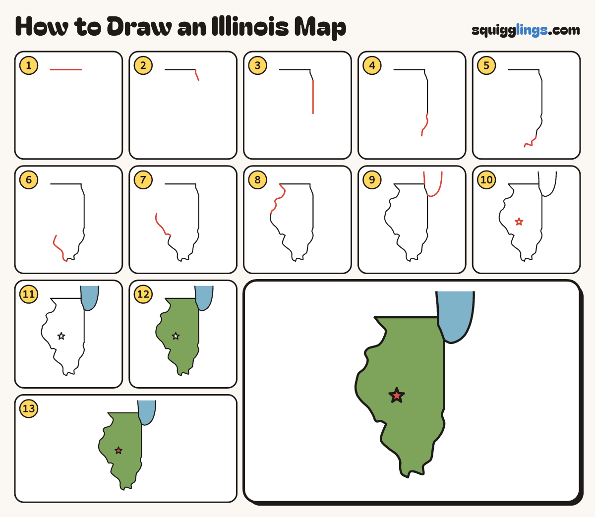 How to Draw an Illinois Map step by step: all 13 steps in one picture