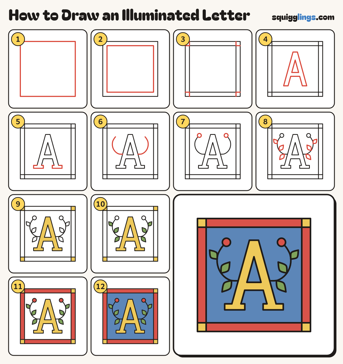 How to Draw an Illuminated Letter step by step: all 12 steps in one picture