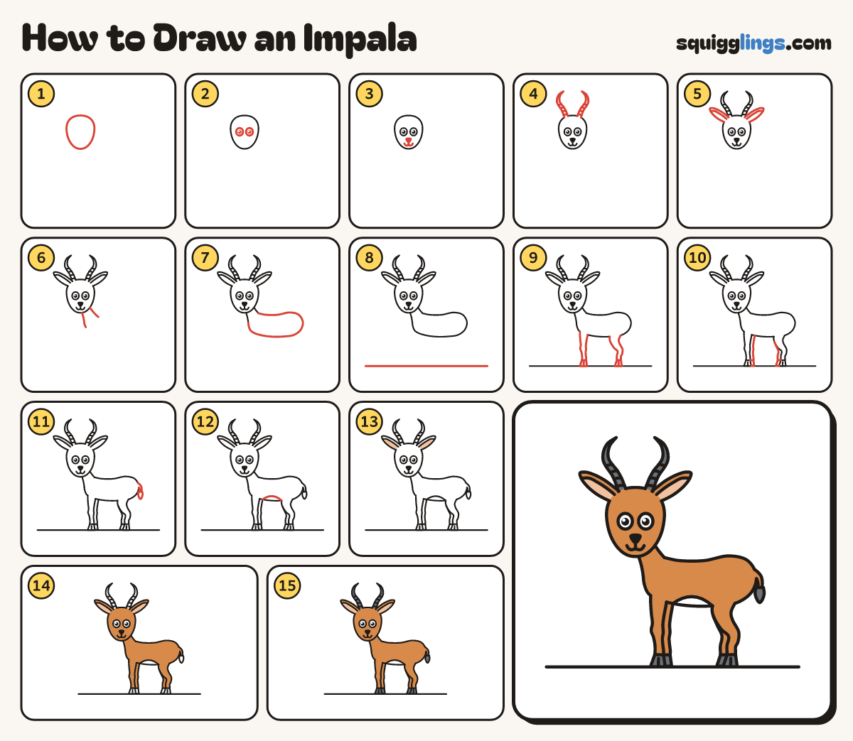 How to Draw an Impala step by step: all 15 steps in one picture