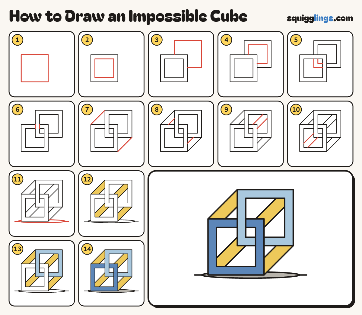 How to Draw an Impossible Cube step by step: all 14 steps in one picture