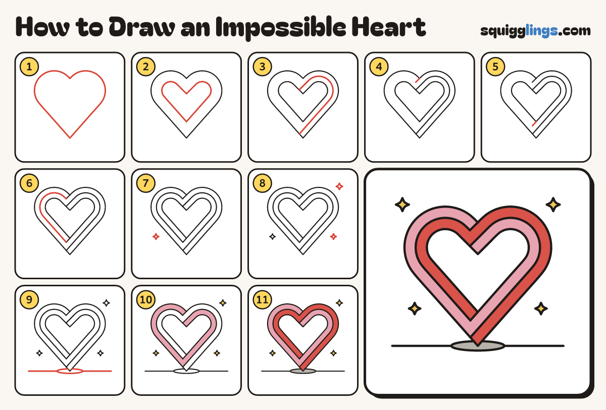 How to Draw an Impossible Heart step by step: all 11 steps in one picture