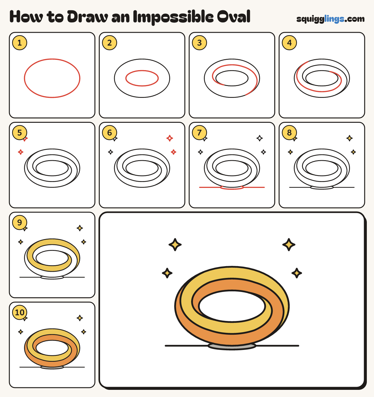 How to Draw an Impossible Oval step by step: all 10 steps in one picture