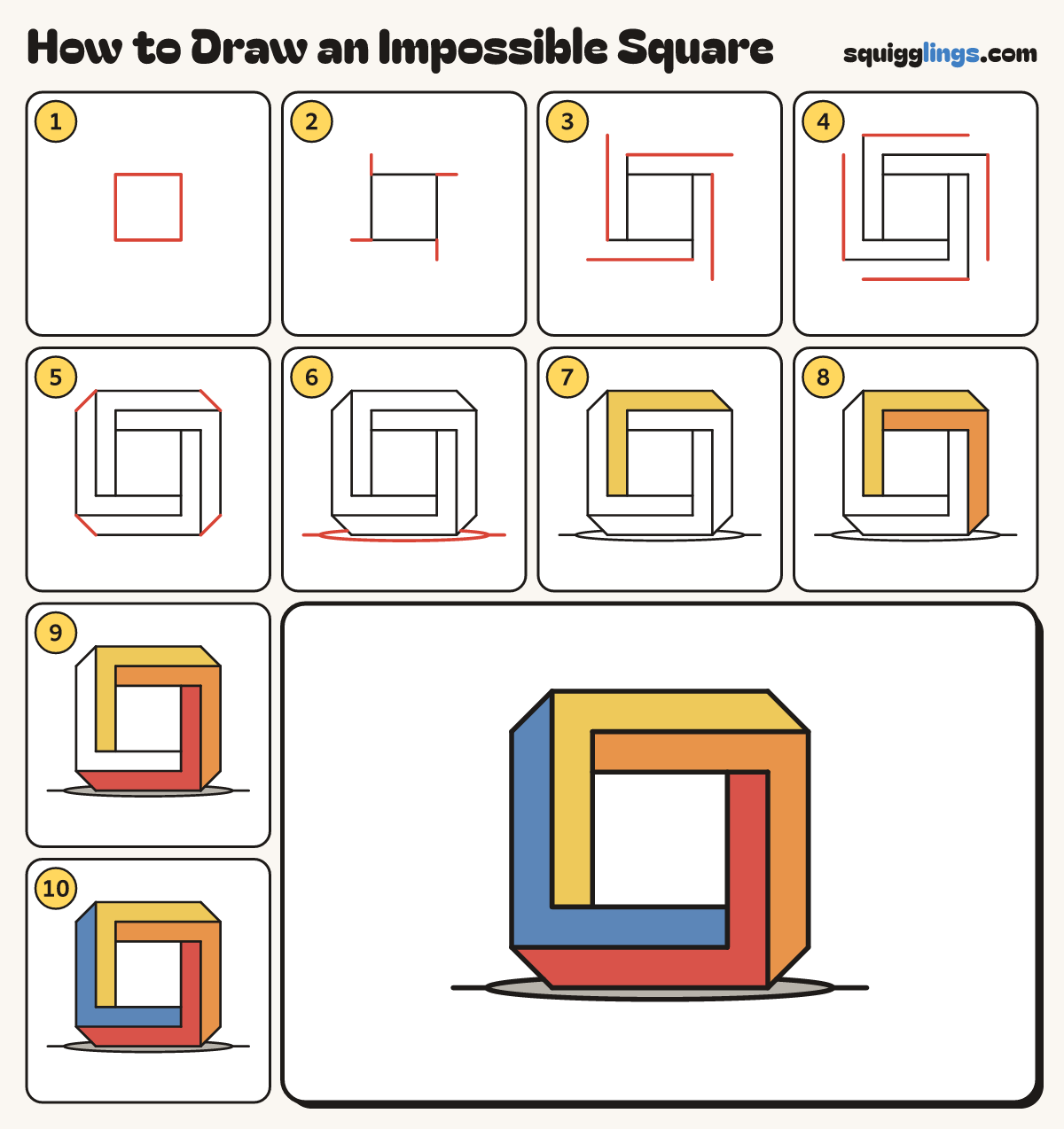 How to Draw an Impossible Square step by step: all 10 steps in one picture