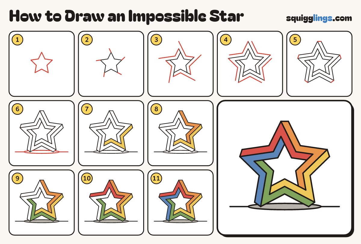How to Draw an Impossible Star step by step: all 11 steps in one picture