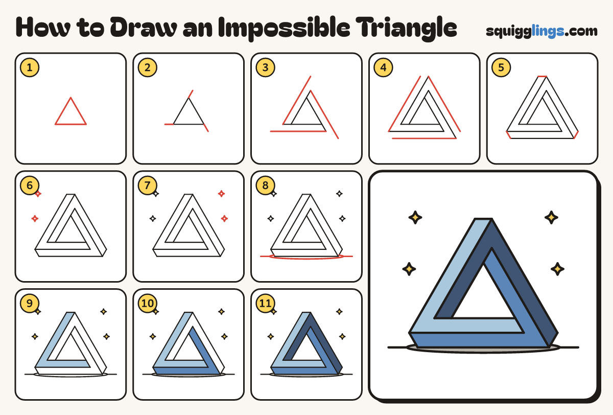 How to Draw an Impossible Triangle step by step: all 11 steps in one picture