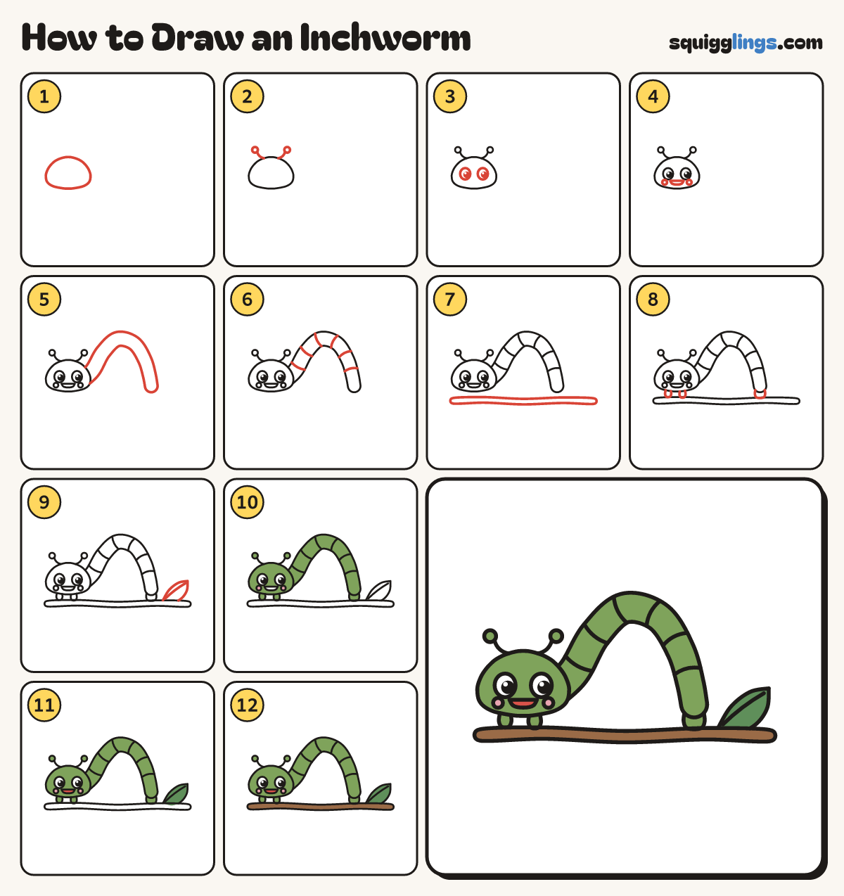 How to Draw an Inchworm step by step: all 12 steps in one picture