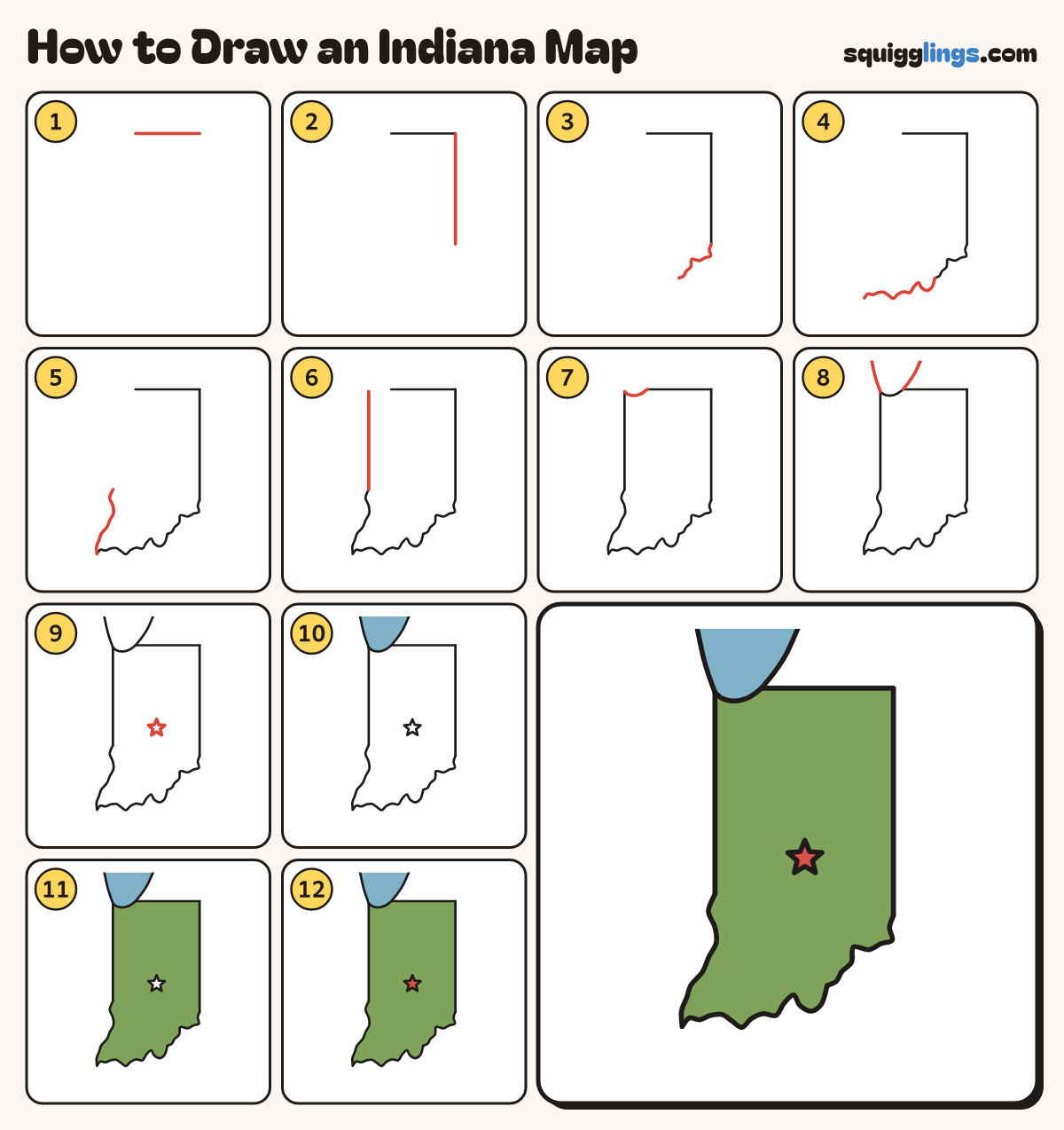 How to Draw an Indiana Map step by step: all 12 steps in one picture