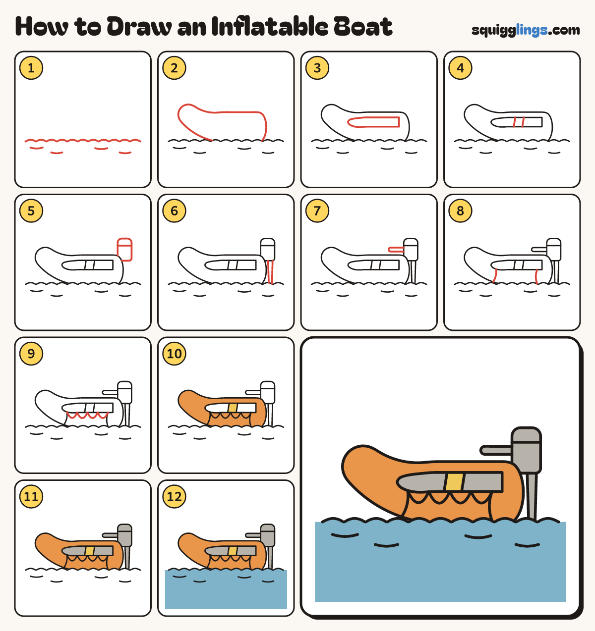 How to Draw an Inflatable Boat step by step: all 12 steps in one picture
