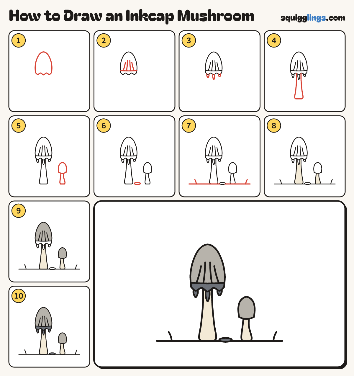How to Draw an Inkcap Mushroom step by step: all 10 steps in one picture