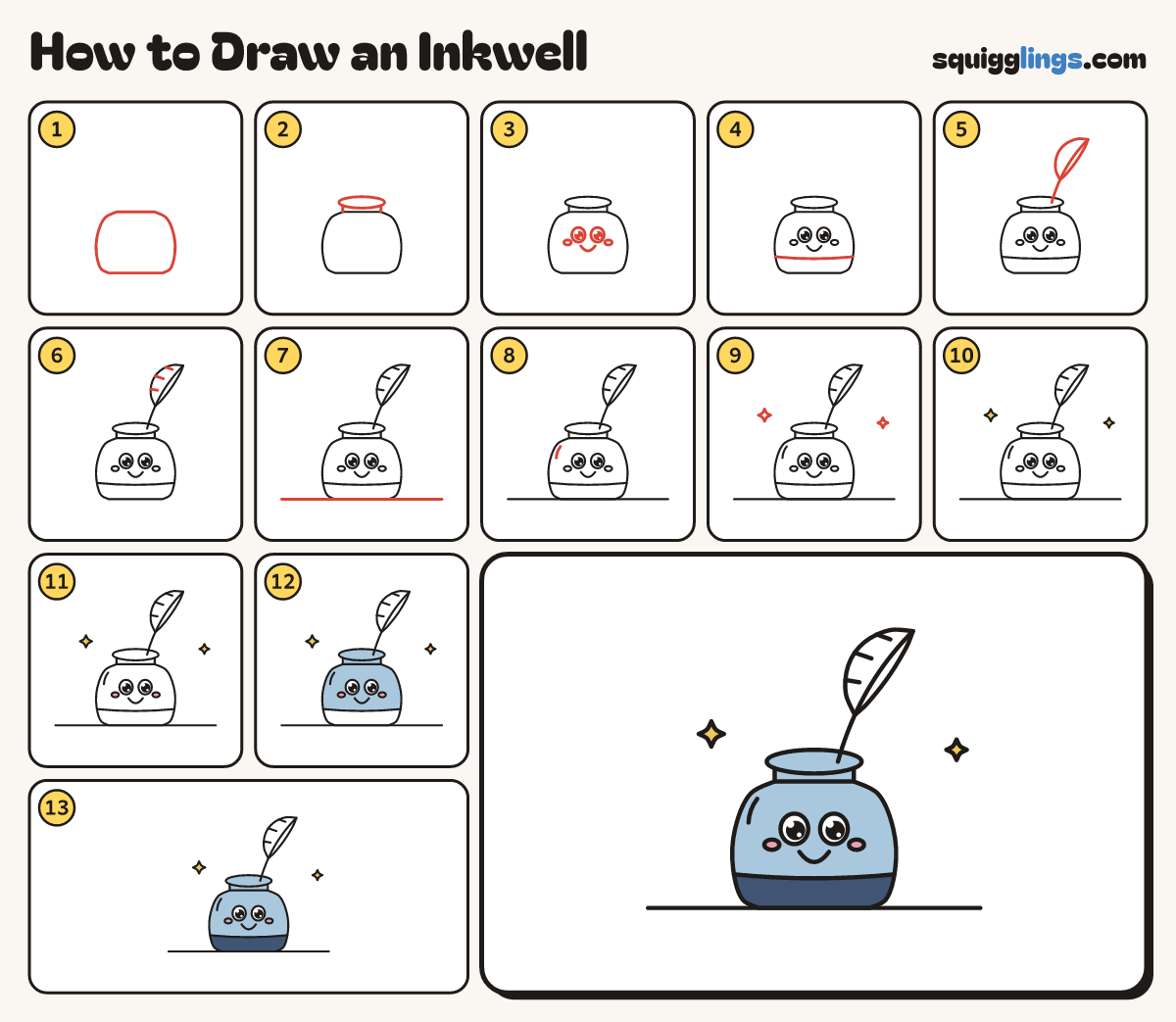 How to Draw an Inkwell step by step: all 13 steps in one picture