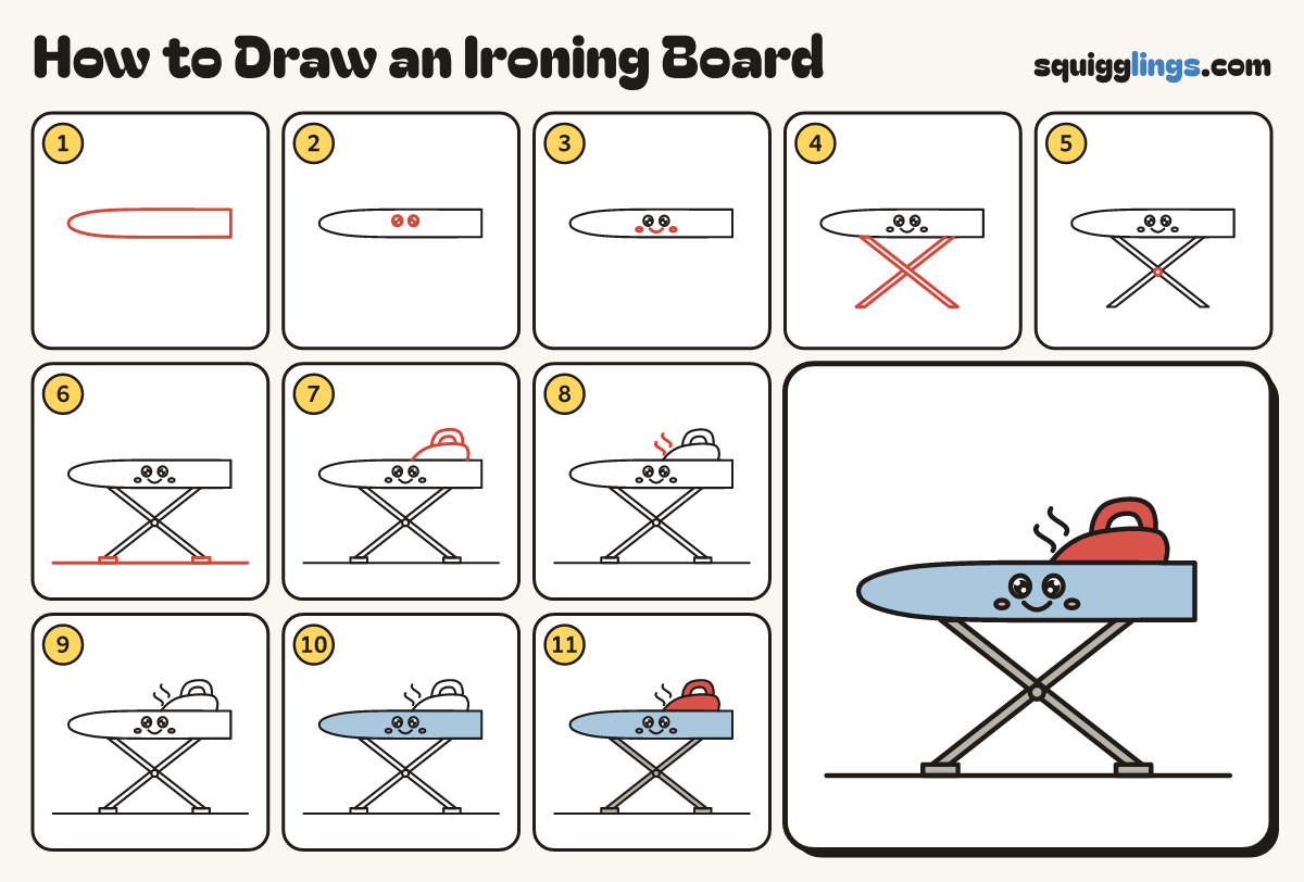 How to Draw an Ironing Board step by step: all 11 steps in one picture