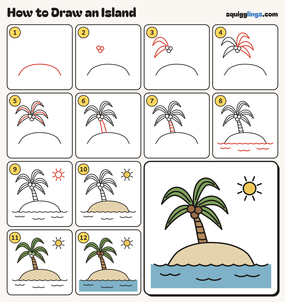 How to Draw an Island step by step: all 12 steps in one picture