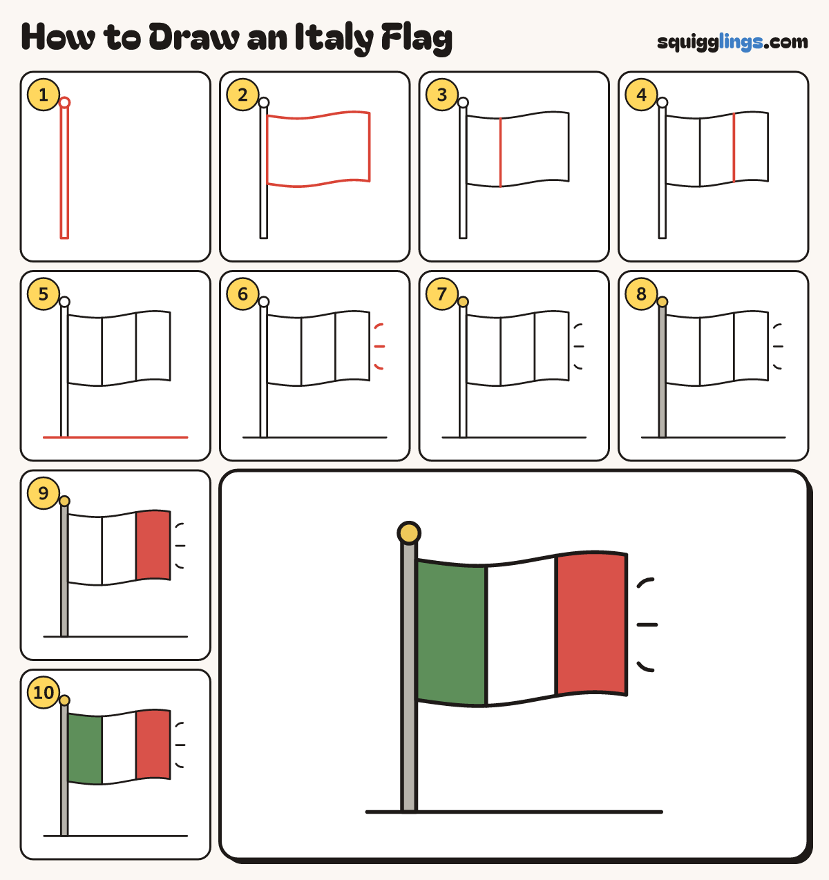 How to Draw an Italy Flag step by step: all 10 steps in one picture