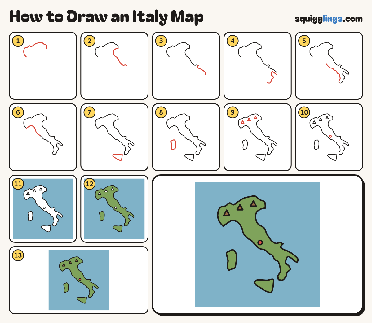 How to Draw an Italy Map step by step: all 13 steps in one picture
