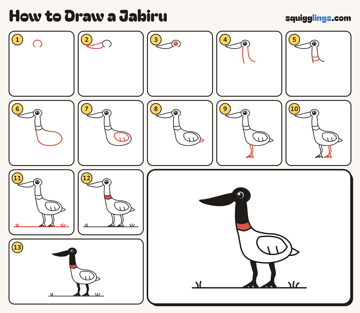 How to Draw a Jabiru step by step: all 13 steps in one picture