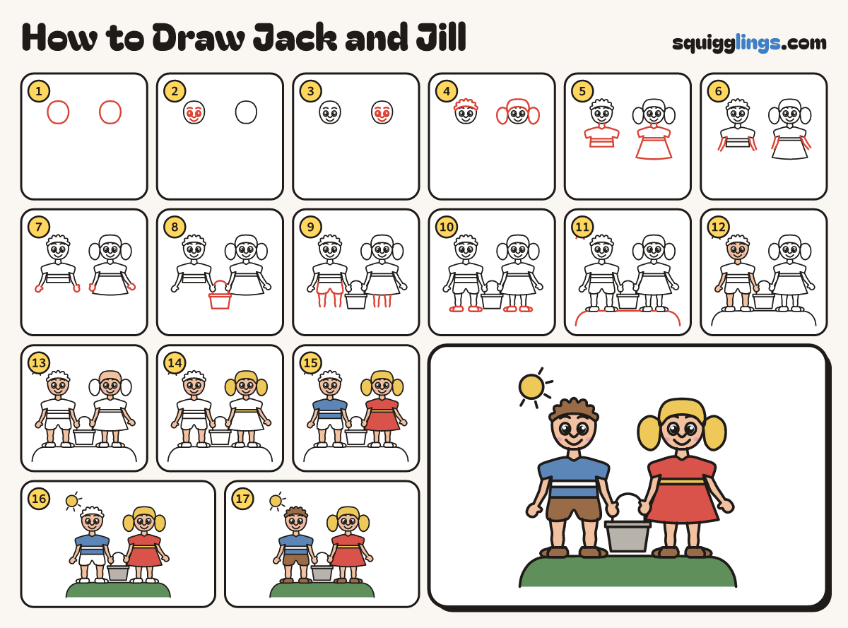 How to Draw Jack and Jill step by step: all 17 steps in one picture
