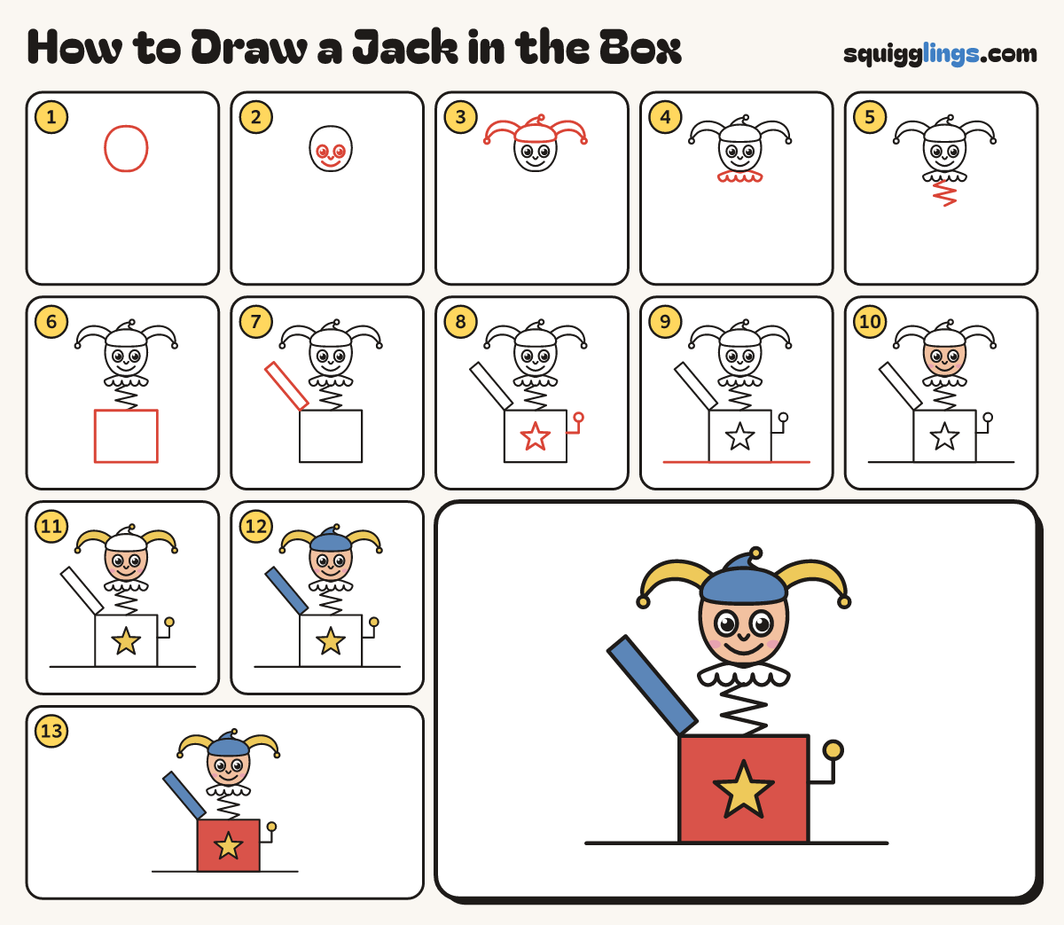 How to Draw a Jack in the Box step by step: all 13 steps in one picture