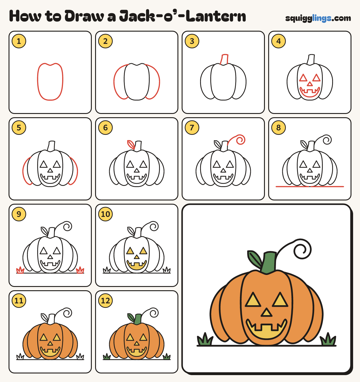 How to Draw a Jack-o’-Lantern step by step: all 12 steps in one picture