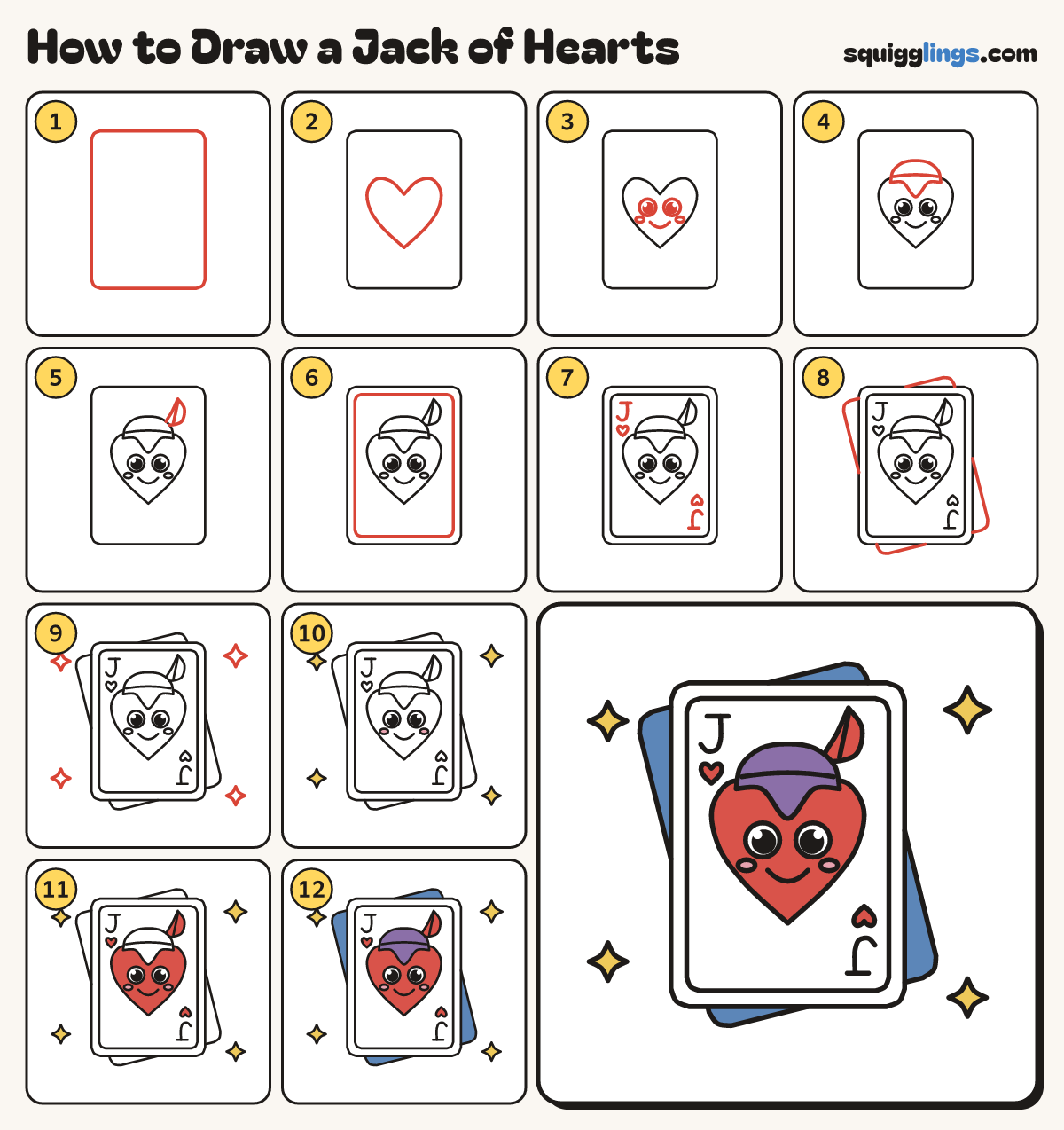 How to Draw a Jack of Hearts step by step: all 12 steps in one picture