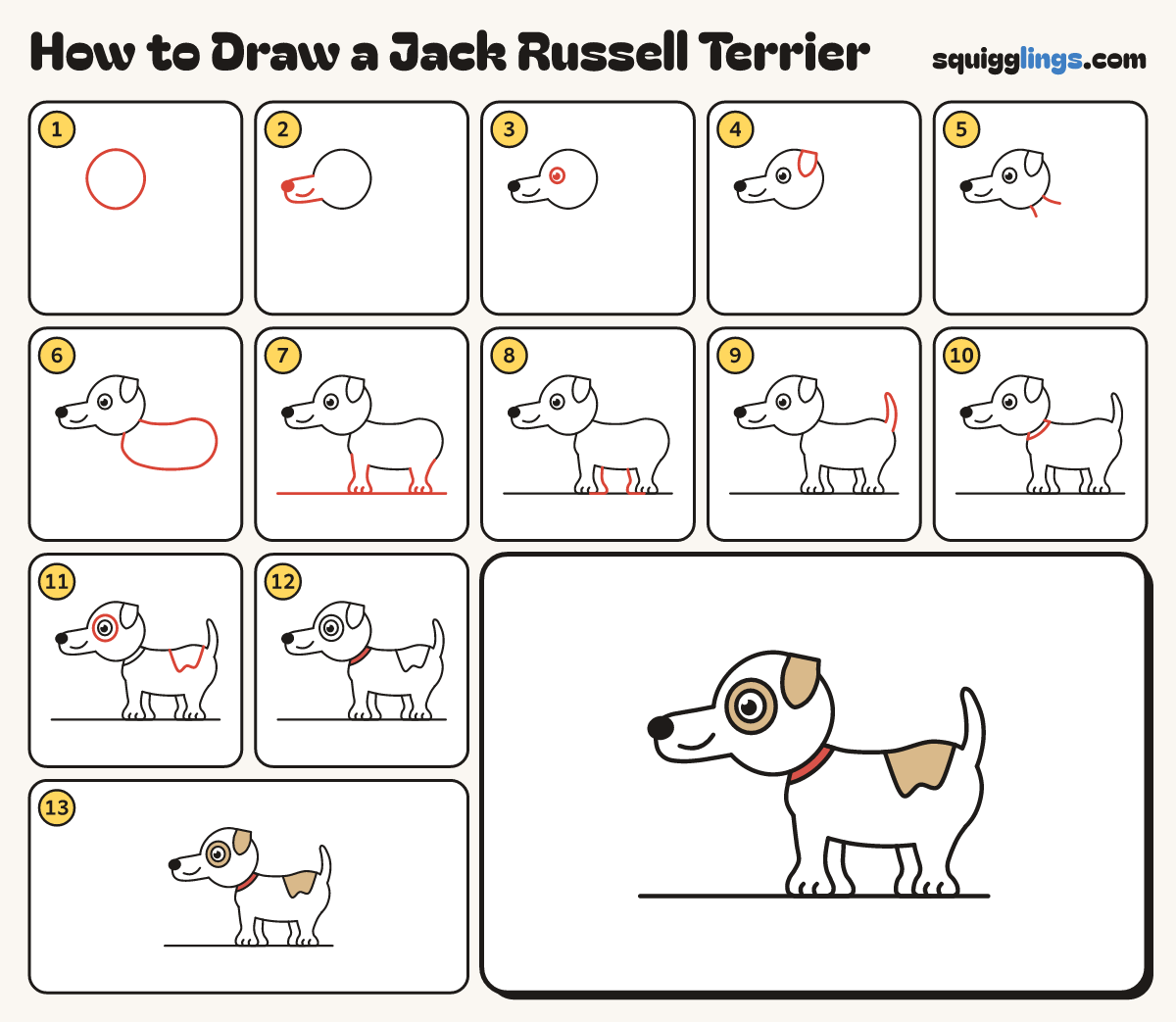 How to Draw a Jack Russell Terrier step by step: all 13 steps in one picture