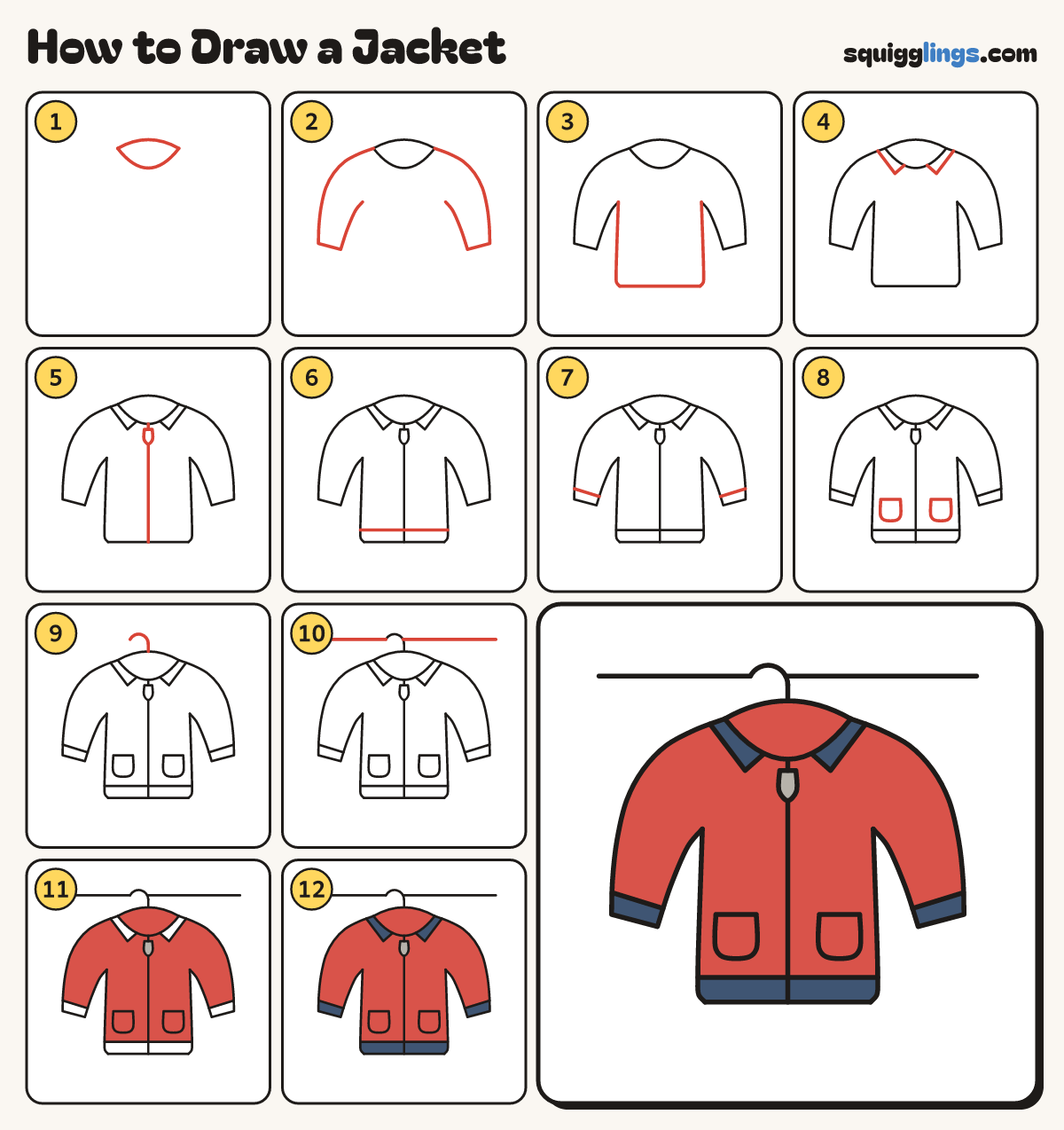 How to Draw a Jacket step by step: all 12 steps in one picture