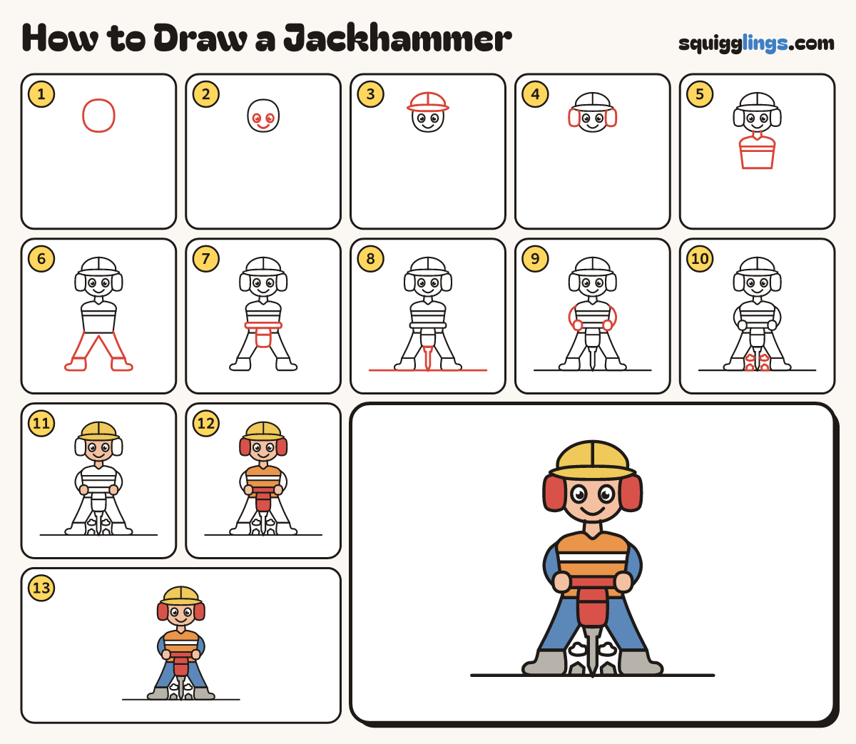 How to Draw a Jackhammer step by step: all 13 steps in one picture