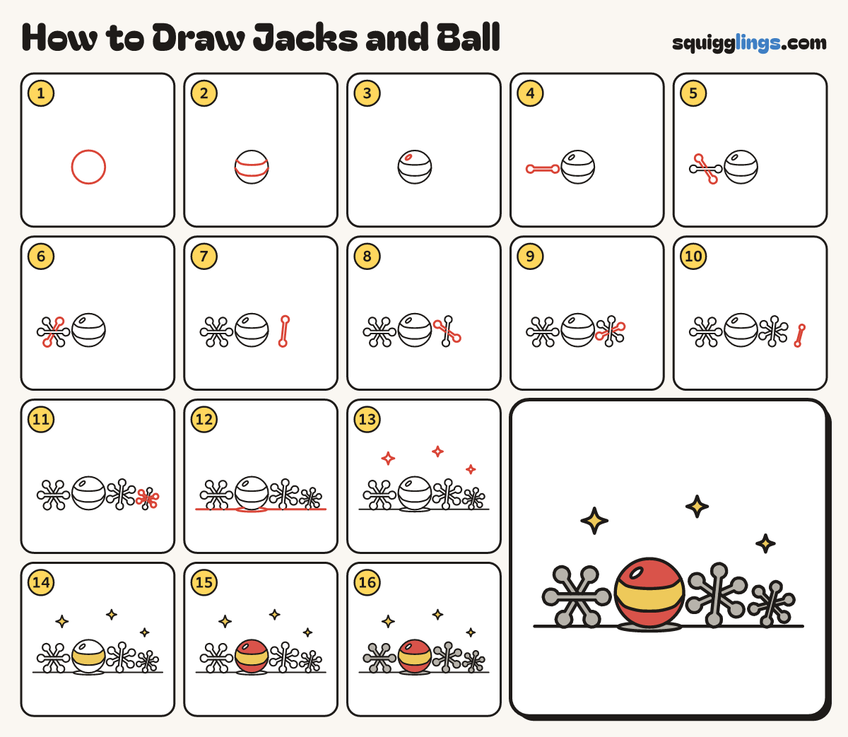 How to Draw Jacks and Ball step by step: all 16 steps in one picture