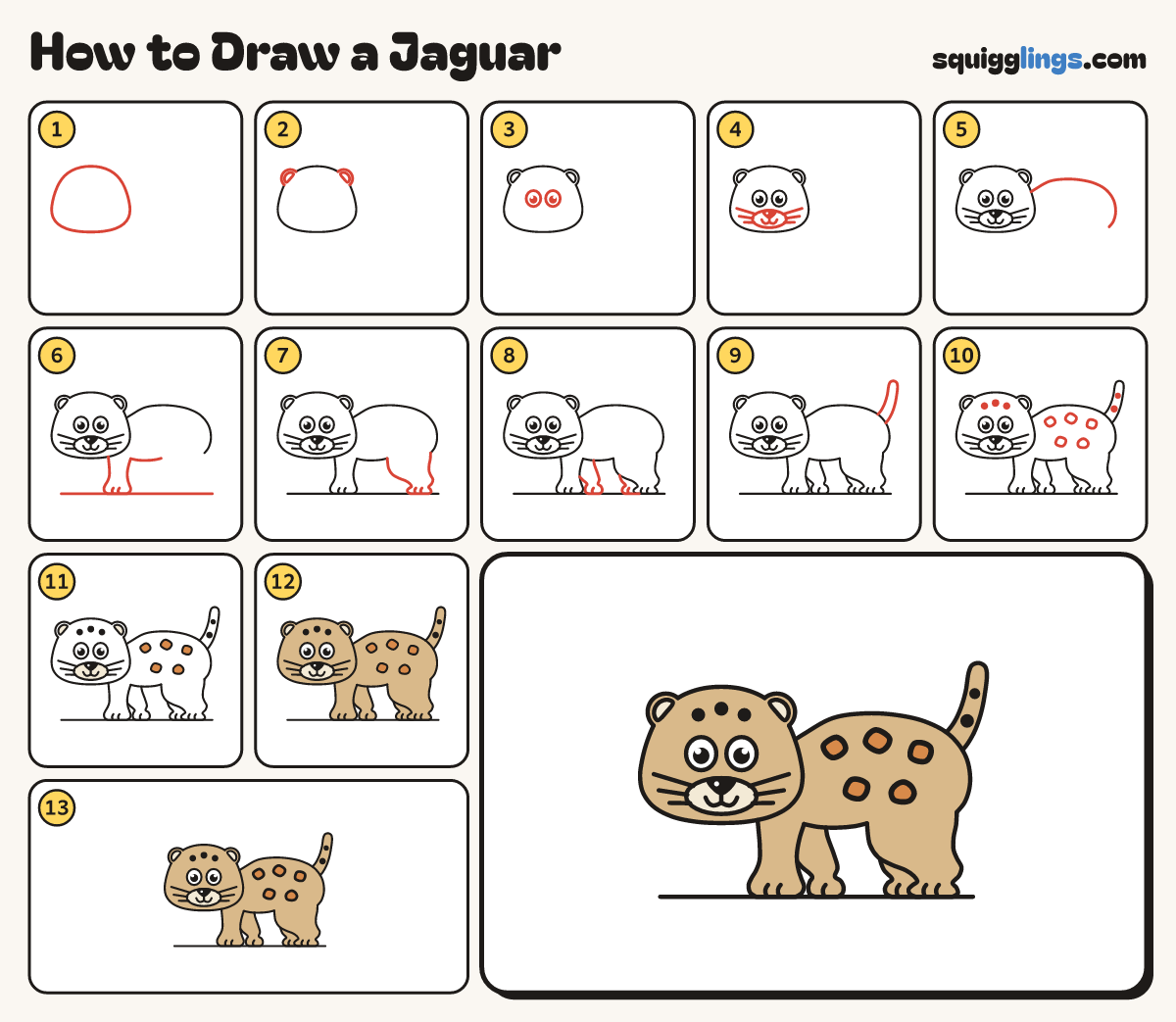 How to Draw a Jaguar step by step: all 13 steps in one picture