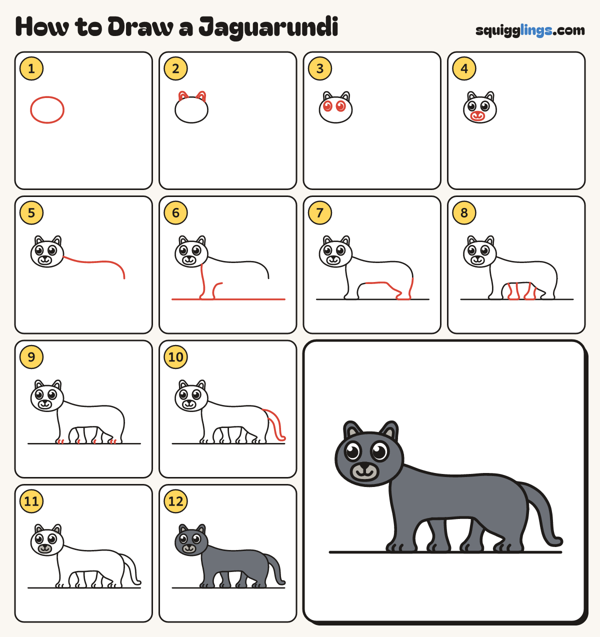 How to Draw a Jaguarundi step by step: all 12 steps in one picture