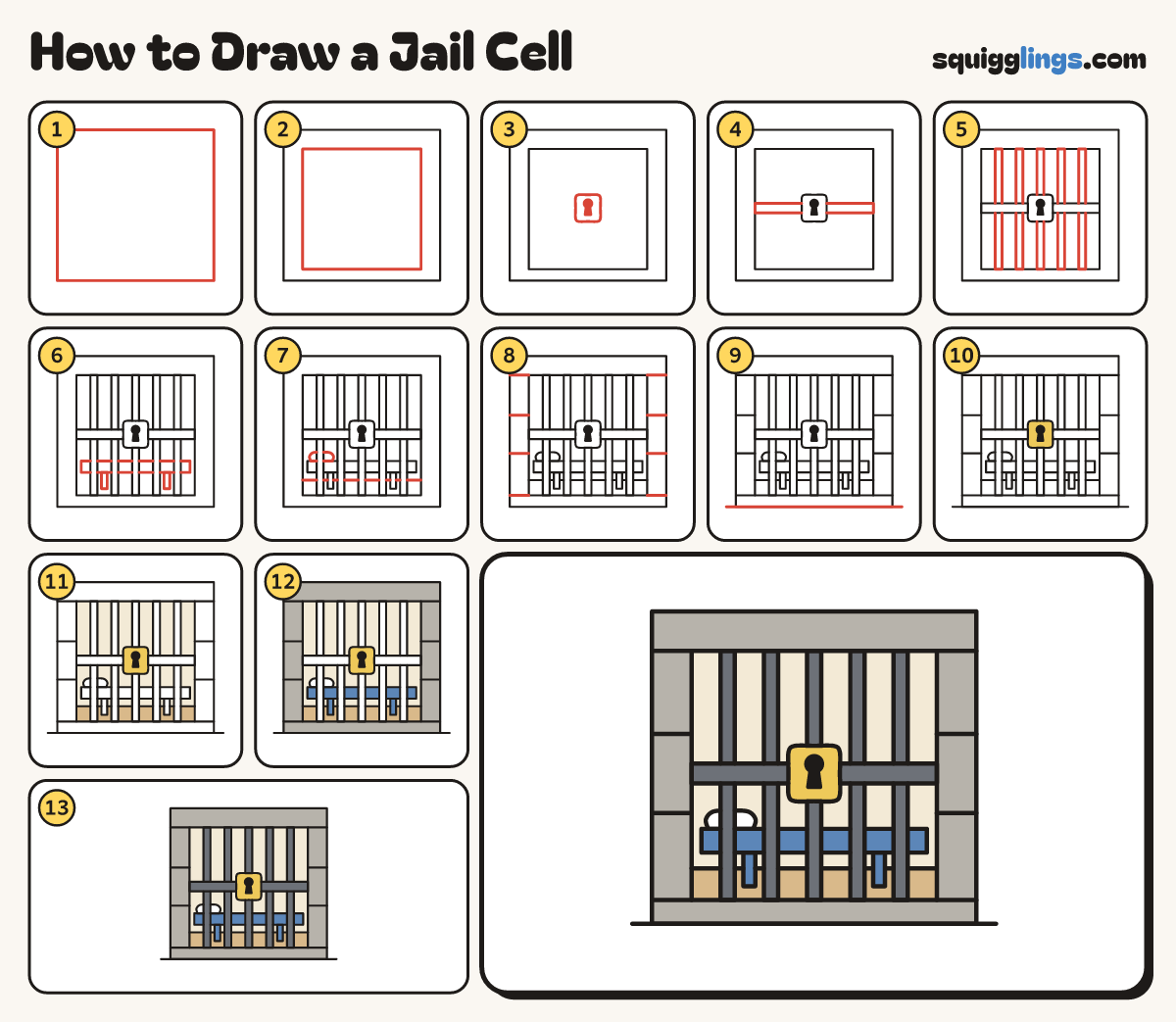 How to Draw a Jail Cell step by step: all 13 steps in one picture