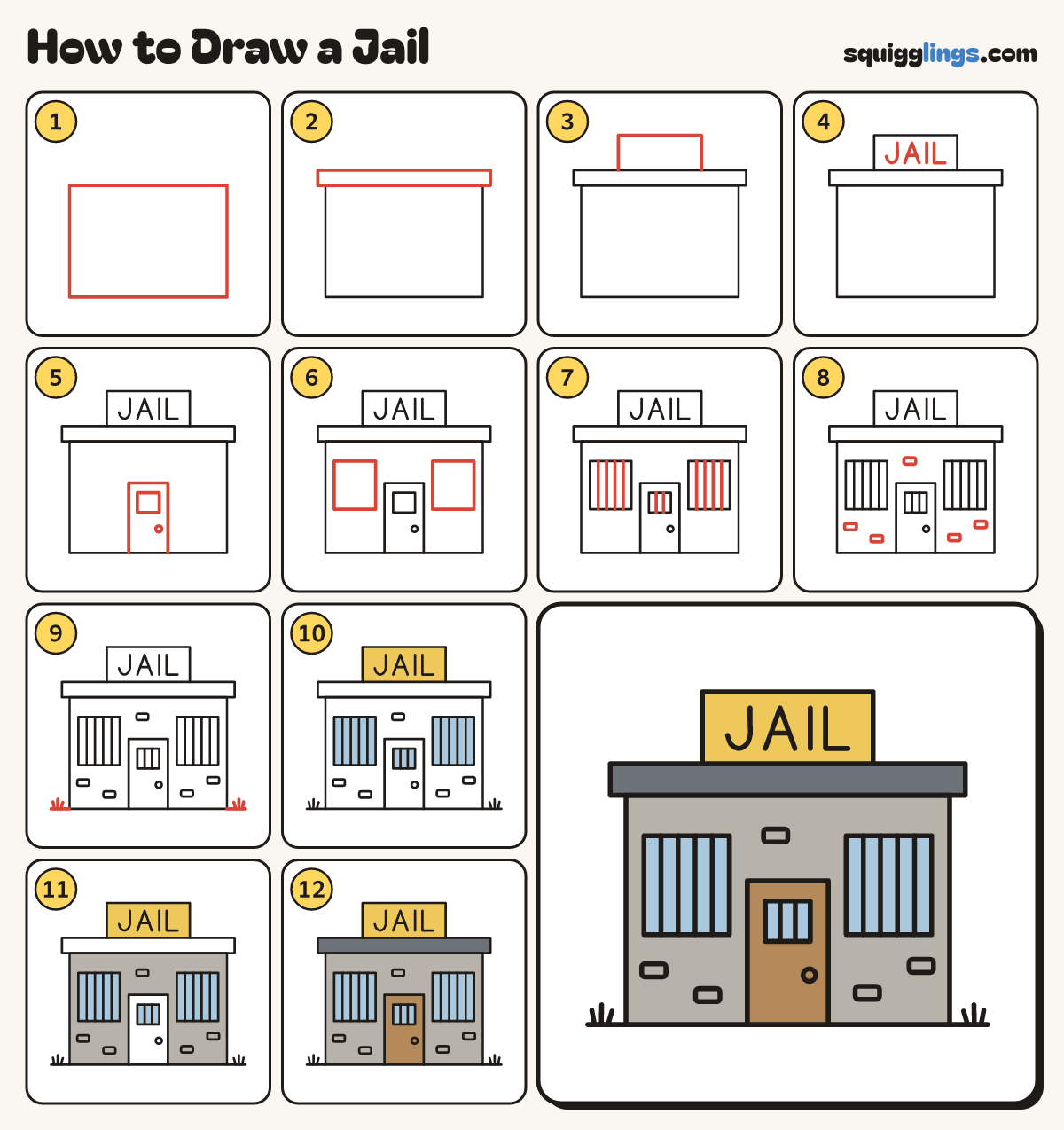 How to Draw a Jail step by step: all 12 steps in one picture