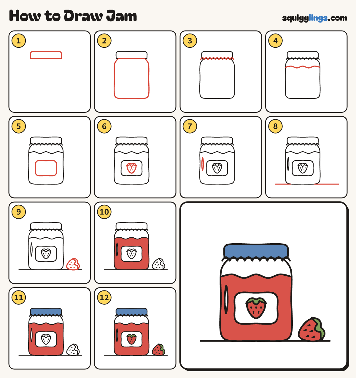 How to Draw Jam step by step: all 12 steps in one picture