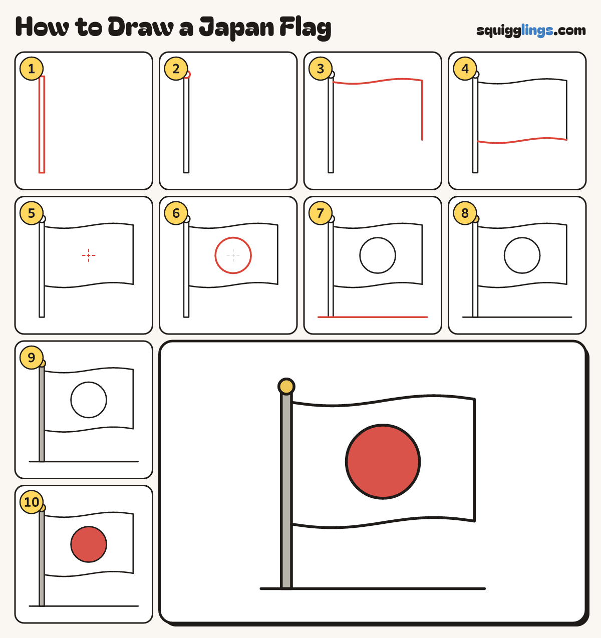 How to Draw a Japan Flag step by step: all 10 steps in one picture