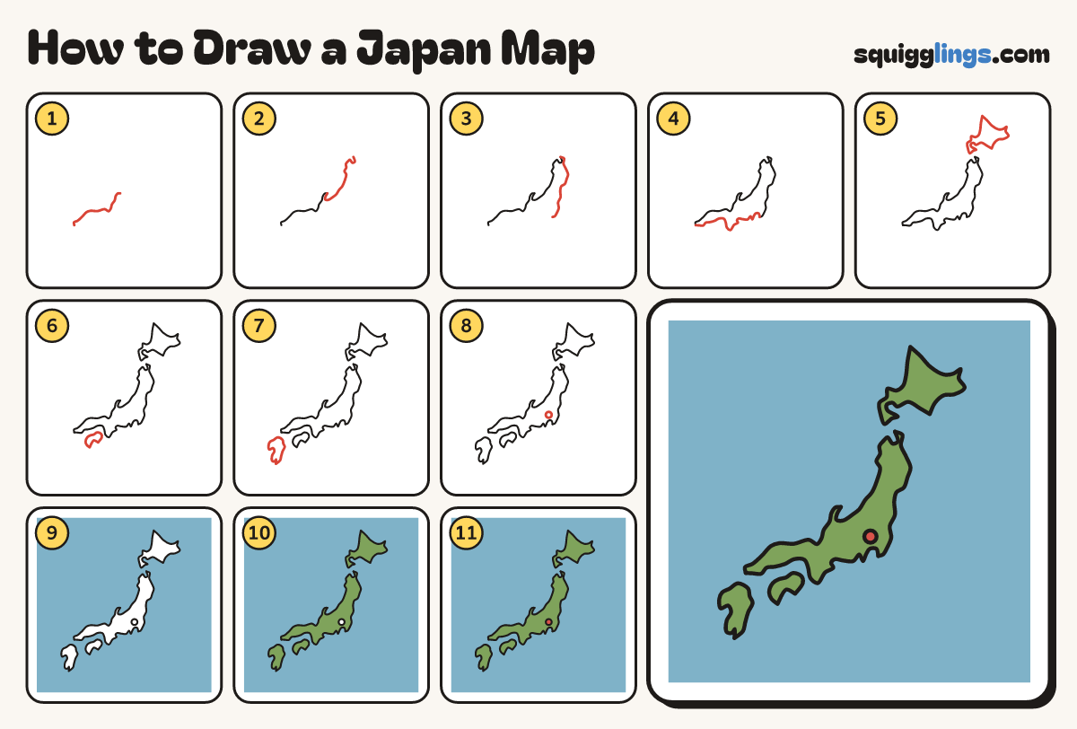 How to Draw a Japan Map step by step: all 11 steps in one picture