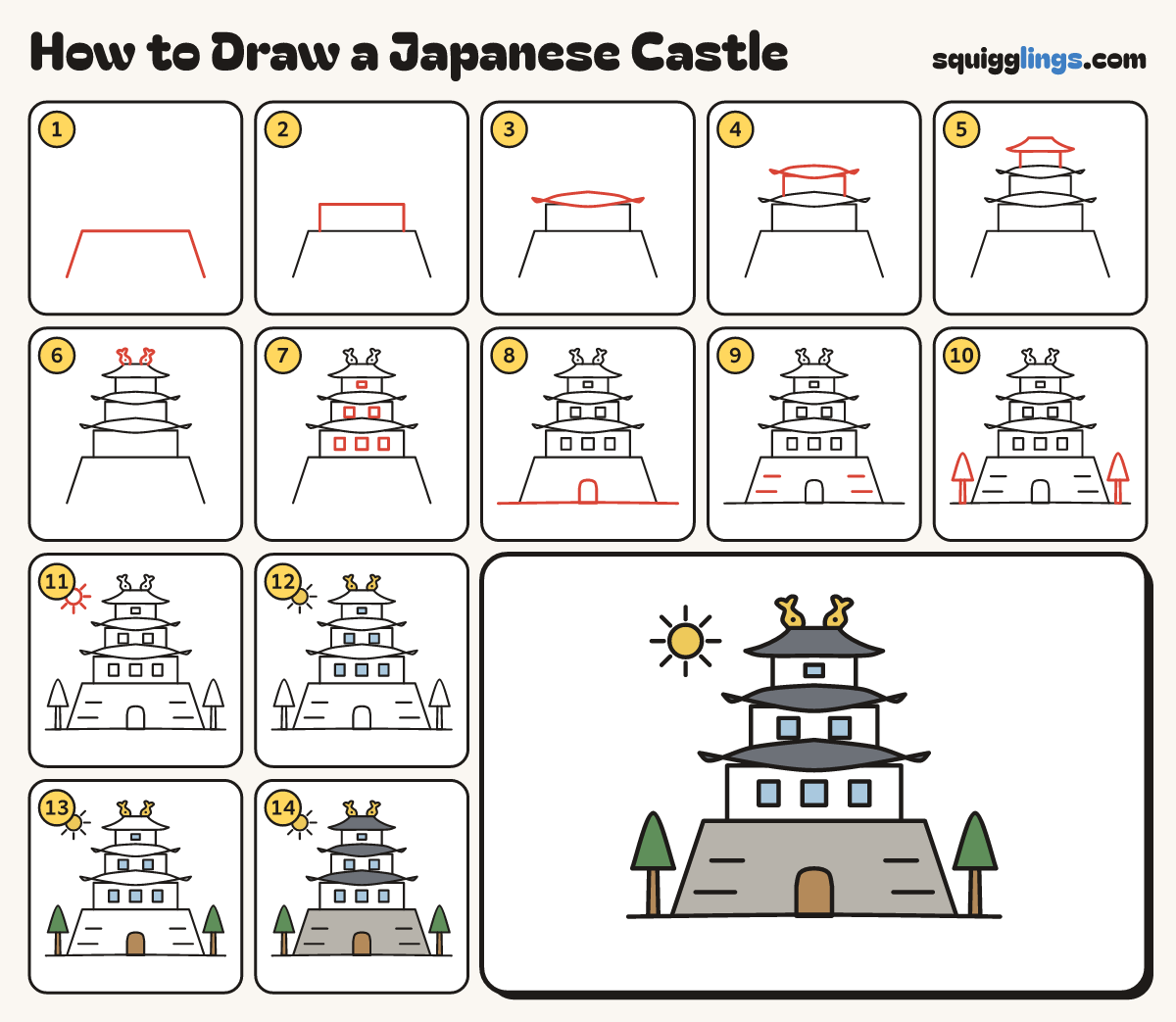 How to Draw a Japanese Castle step by step: all 14 steps in one picture