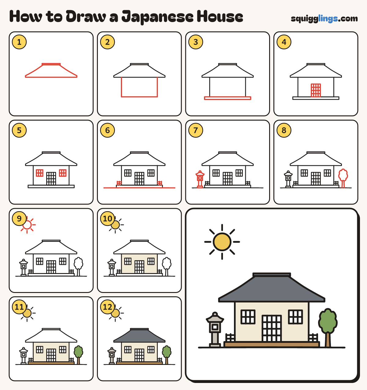 How to Draw a Japanese House step by step: all 12 steps in one picture