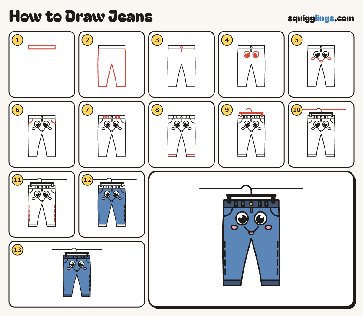 How to Draw Jeans step by step: all 13 steps in one picture