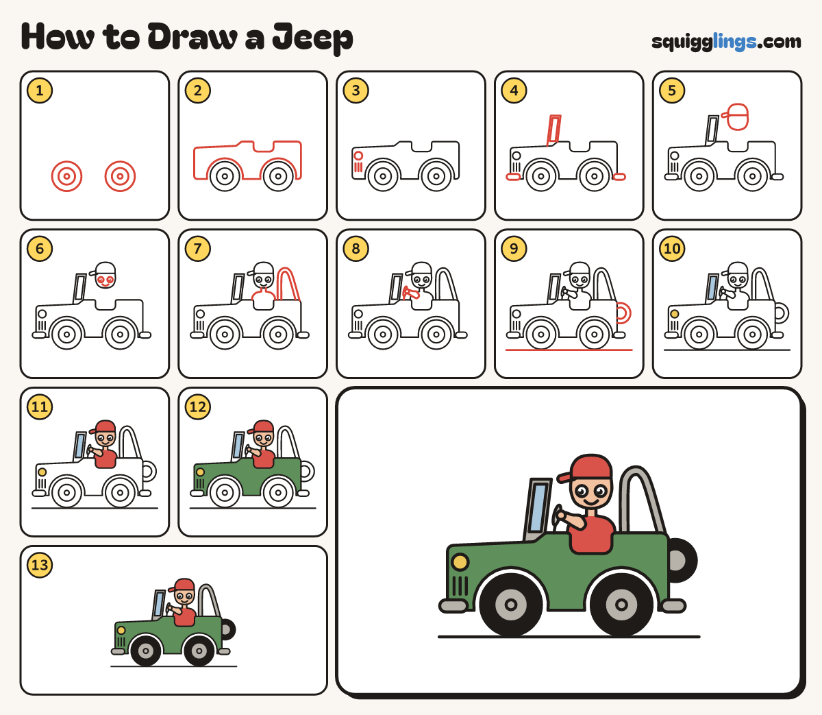 How to Draw a Jeep step by step: all 13 steps in one picture