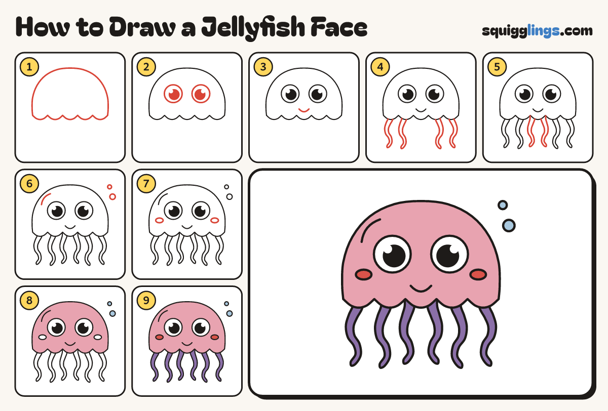 How to Draw a Jellyfish Face step by step: all 9 steps in one picture