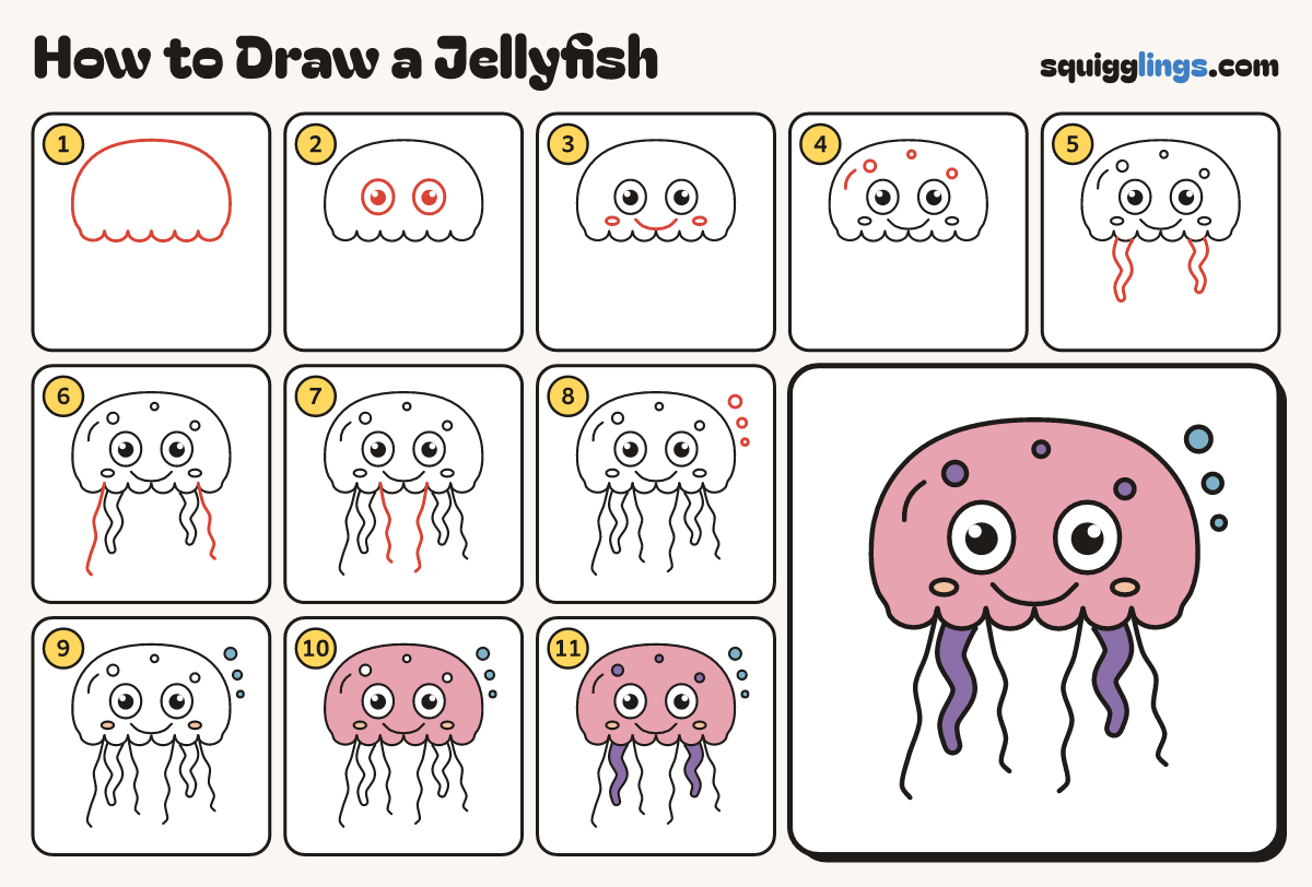 How to Draw a Jellyfish step by step: all 11 steps in one picture