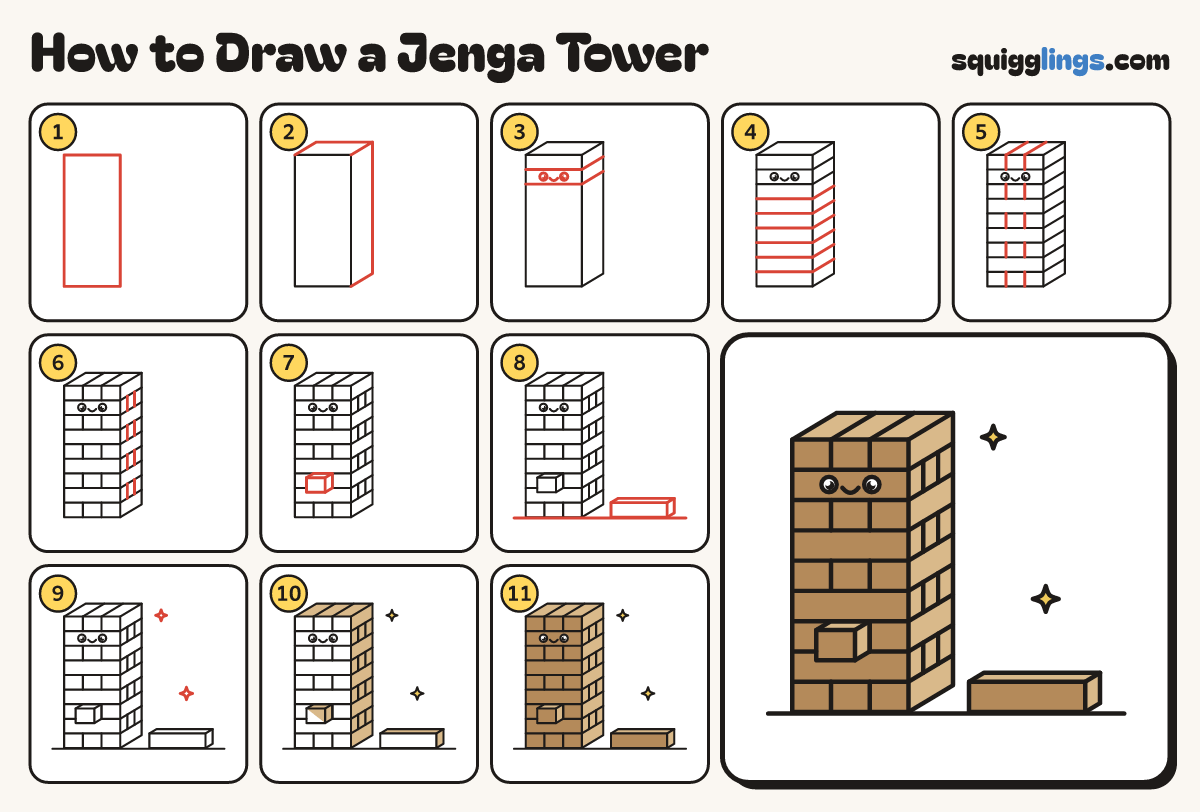 How to Draw a Jenga Tower step by step: all 11 steps in one picture