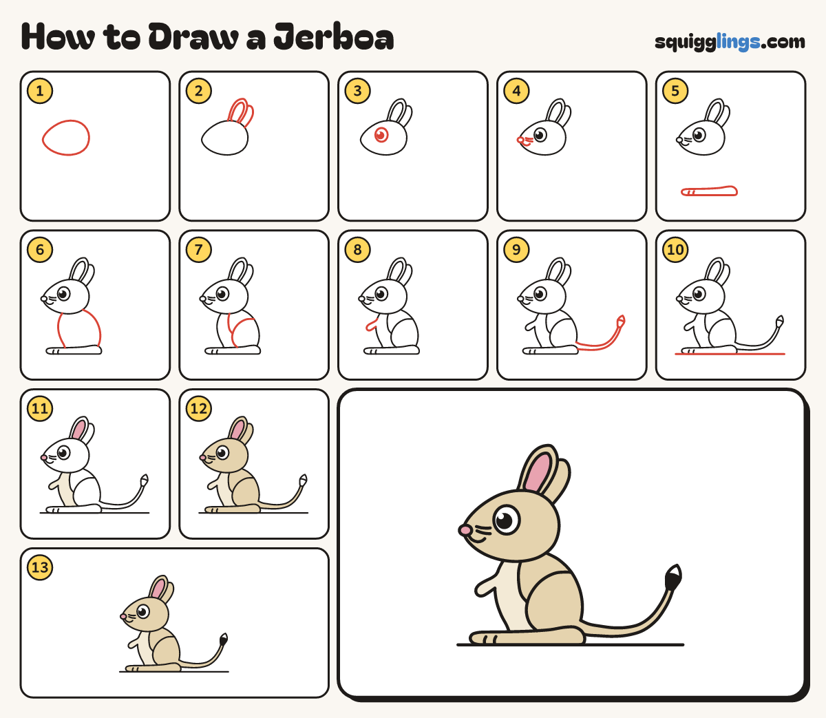 How to Draw a Jerboa step by step: all 13 steps in one picture